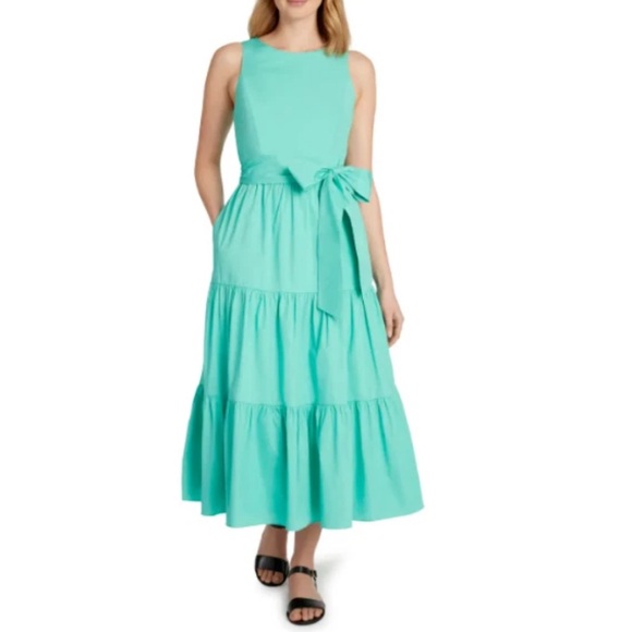 TAHARI Turquoise Tiered Pleated Stretch Cotton Poplin Tie Back Belt Maxi Dress - Picture 11 of 11